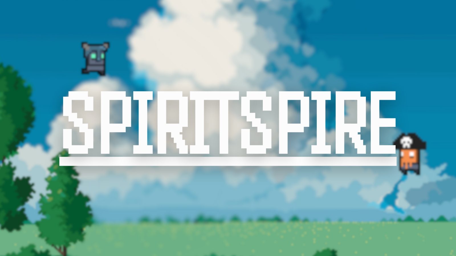 Spirit Spire pixel-art title over a bright blue sky and clouds