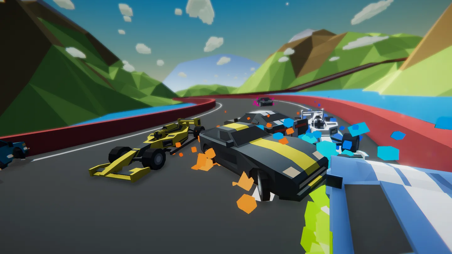 Mayhem Cars gameplay showing low-poly racing cars colliding on a mountain track