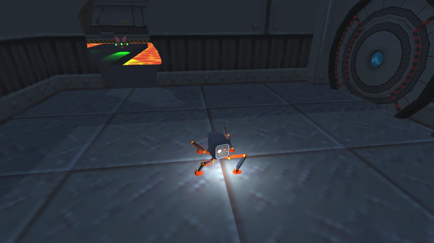 Chain Reclaimer gameplay showing a small robot exploring a dark industrial chamber